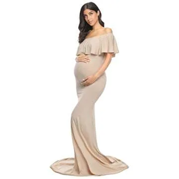 Glampunch Womens Off Shoulder Maternity Dress Ruffles Elegant Slim Gowns Fit Maxi Photography Dress Beige