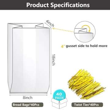 Bread Loaf Packing Bags with Ties, Large Bakery Homemade Bread Plastic Bags, 8” x 4” x 18”,40 ...