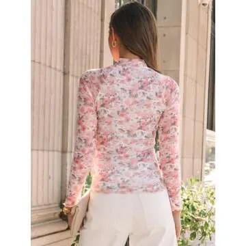 Dealmore Lace Long Sleeve Floral Mesh Mockneck Going Out Tops for Women Fashion Fall Outfits 2024 Floral Cream S