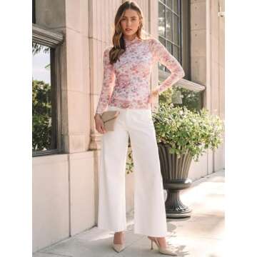 Dealmore Lace Long Sleeve Floral Mesh Mockneck Going Out Tops for Women Fashion Fall Outfits 2024 Floral Cream S