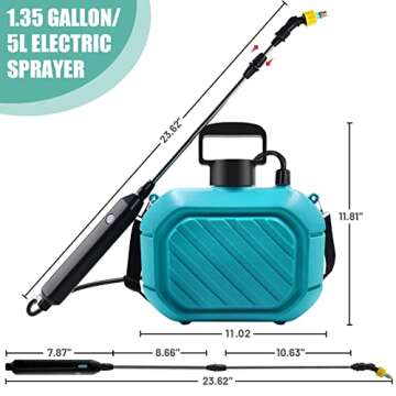 1.35 Gallon Battery Powered Sprayer, Electric Pump Sprayer with 3 Mist Nozzles and Telescopic Wand, Portable Water Sprayer in Lawn and Garden with USB Rechargeable Handle for Gardening, Cleaning