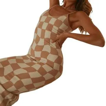 Sexy Knit Bodycon Dress for Women Y2K Hollow Out Midi Dresses Sleeveless Spaghetti Straps Night Club Party Maxi Dress(E2-Brown,S)