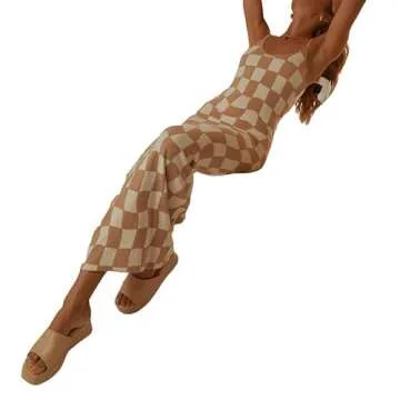 Sexy Knit Bodycon Dress for Women Y2K Hollow Out Midi Dresses Sleeveless Spaghetti Straps Night Club Party Maxi Dress(E2-Brown,S)