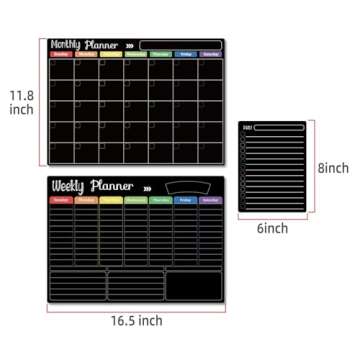 Hivillexun Magnetic Black Dry Erase Calendar White Board Set (3-Pack) - Monthly, Weekly Planners & Daily Notepad for Fridge, Home & Office, Includes 8 Markers