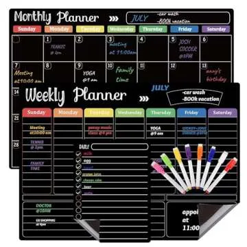 Hivillexun Magnetic Black Dry Erase Calendar White Board Set (3-Pack) - Monthly, Weekly Planners & Daily Notepad for Fridge, Home & Office, Includes 8 Markers