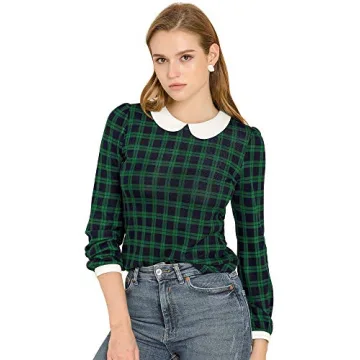 Allegra K Women's Peter Pan Collar Contrast Puff Sleeve Plaid Shirt Blouse