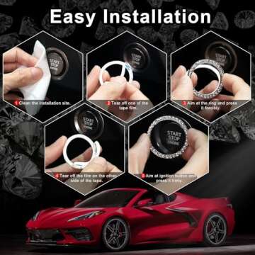 LivTee 2 PCS Crystal Rhinestone Car Engine Stop Decoration Ring, Bling Interior Accessories for Women, Push to Start Button Cover/Sticker, Key Ignition & Knob, White