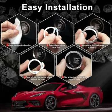 LivTee 2 PCS Crystal Rhinestone Car Engine Stop Decoration Ring, Bling Interior Accessories for Women, Push to Start Button Cover/Sticker, Key Ignition & Knob, White