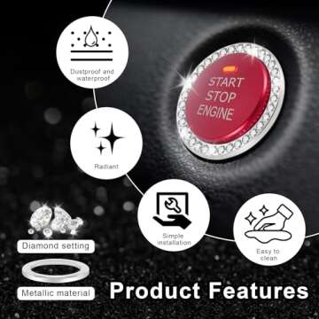 LivTee 2 PCS Crystal Rhinestone Car Engine Stop Decoration Ring, Bling Interior Accessories for Women, Push to Start Button Cover/Sticker, Key Ignition & Knob, White