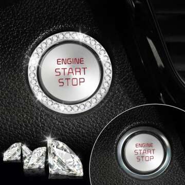LivTee 2 PCS Crystal Rhinestone Car Engine Stop Decoration Ring, Bling Interior Accessories for Women, Push to Start Button Cover/Sticker, Key Ignition & Knob, White
