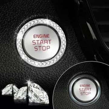 LivTee 2 PCS Crystal Rhinestone Car Engine Stop Decoration Ring, Bling Interior Accessories for Women, Push to Start Button Cover/Sticker, Key Ignition & Knob, White