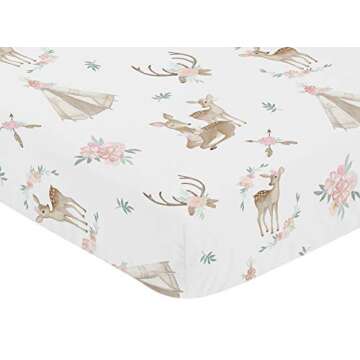 Sweet Jojo Designs Blush Pink, Mint Green and White Boho Baby or Toddler Fitted Crib Sheet for Woodland Deer Floral Collection