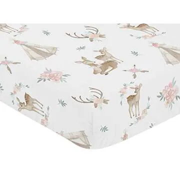Sweet Jojo Designs Blush Pink, Mint Green and White Boho Baby or Toddler Fitted Crib Sheet for Woodland Deer Floral Collection