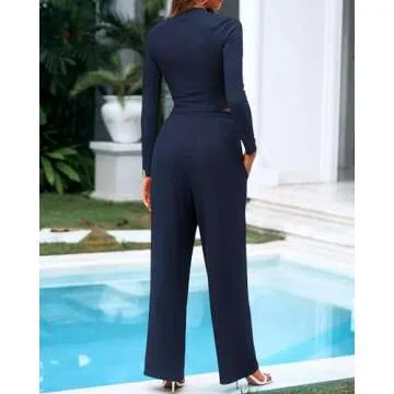 BTFBM Casual 2 Piece Sets For Women Fall Outfits Ribbed Knit Long Sleeve Crop Top Wide Leg Pants Matching Lounge Set(Solid Navy, Medium)