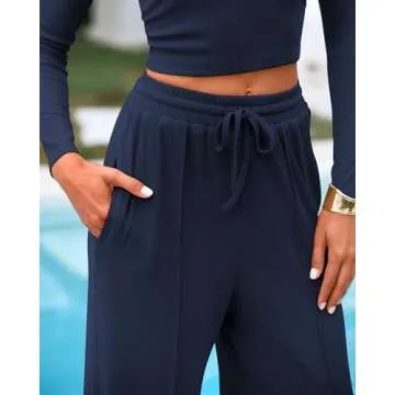 BTFBM Casual 2 Piece Sets For Women Fall Outfits Ribbed Knit Long Sleeve Crop Top Wide Leg Pants Matching Lounge Set(Solid Navy, Medium)