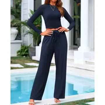 BTFBM Casual 2 Piece Sets For Women Fall Outfits Ribbed Knit Long Sleeve Crop Top Wide Leg Pants Matching Lounge Set(Solid Navy, Medium)