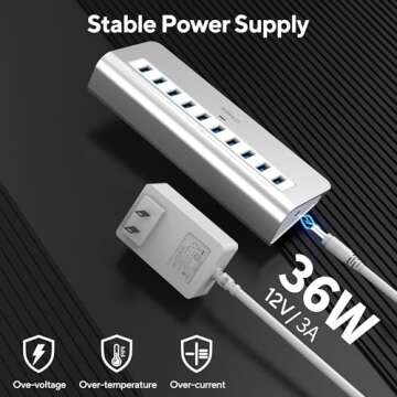 Powered USB Hub, intpw 10 Port USB 3.1 Hub with 10Gbps Data Transfer, 30W(12V/2.5A) Power Adapter, USB Type A and Type C Cable, Aluminum USB Power Hub for Laptop, MacBook and Desktop Computer