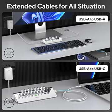 Powered USB Hub, intpw 10 Port USB 3.1 Hub with 10Gbps Data Transfer, 30W(12V/2.5A) Power Adapter, USB Type A and Type C Cable, Aluminum USB Power Hub for Laptop, MacBook and Desktop Computer