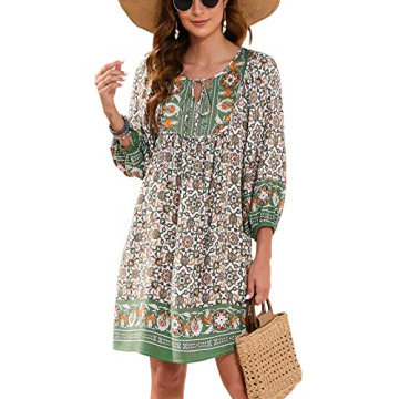 Bluetime Women Summer Swimwear Cover up Bohemian Floral Mini Dresses V Neck 3/4 Long Sleeve Casual D...