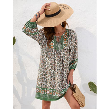 Bluetime Women Summer Swimwear Cover up Bohemian Floral Mini Dresses V Neck 3/4 Long Sleeve Casual Dress (M, Dark Green)