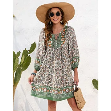 Bluetime Women Summer Swimwear Cover up Bohemian Floral Mini Dresses V Neck 3/4 Long Sleeve Casual Dress (M, Dark Green)