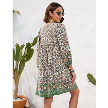 Bluetime Women Summer Swimwear Cover up Bohemian Floral Mini Dresses V Neck 3/4 Long Sleeve Casual Dress (M, Dark Green)