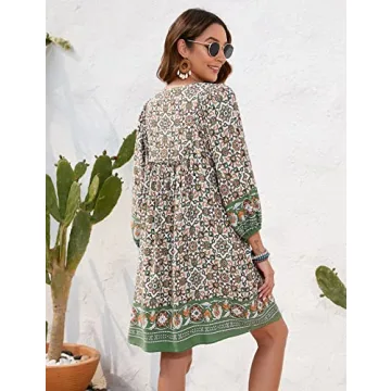 Bluetime Women Summer Swimwear Cover up Bohemian Floral Mini Dresses V Neck 3/4 Long Sleeve Casual Dress (M, Dark Green)