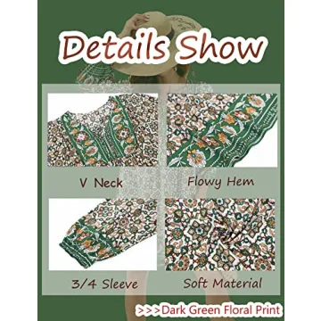 Bluetime Women Summer Swimwear Cover up Bohemian Floral Mini Dresses V Neck 3/4 Long Sleeve Casual Dress (M, Dark Green)