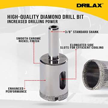 Diamond Drill Bits for Ceramic 5 Pcs Set 3/8" 1/2" 5/8" 3/4" 1" Solid Alloy Steel Premium Ceramic Ti...