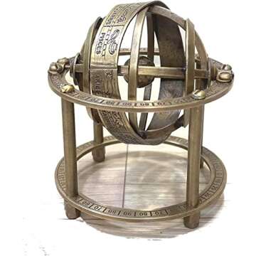 AnNafi® Zodiac Armillary Brass Sphere Globe Display 8" Wooden Base | Antique Vintage Earth Steampunk Pirate's Antique Ship Decor Showpiece Collectible For Office & Home | Metal Display Piece (Mini)