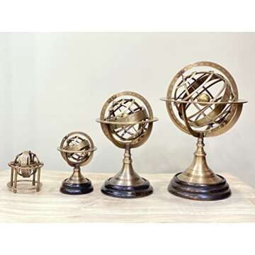 AnNafi® Zodiac Armillary Brass Sphere Globe Display 8" Wooden Base | Antique Vintage Earth Steampunk Pirate's Antique Ship Decor Showpiece Collectible For Office & Home | Metal Display Piece (Mini)