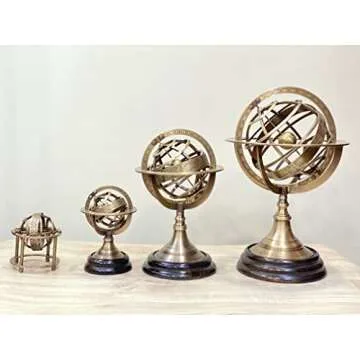 AnNafi® Zodiac Armillary Brass Sphere Globe Display 8" Wooden Base | Antique Vintage Earth Steampunk Pirate's Antique Ship Decor Showpiece Collectible For Office & Home | Metal Display Piece (Mini)