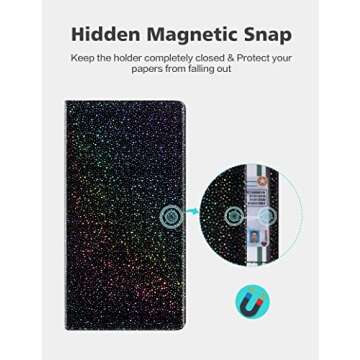 Mymazn Car Registration and Insurance Holder, PU Leather Glove Box Organizer with Magnetic Closure, Bling Car Accessories for Cards, Driver's License & Essential Document (Glitter black)