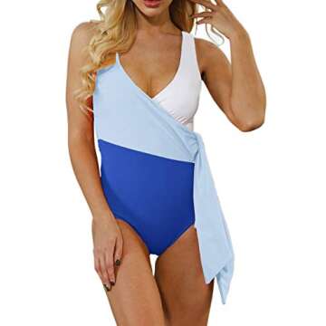 CHYRII Women's One Piece Swimsuit Color Block Wrap V Neck Tie Knot Bathing Suit