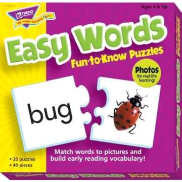 Trend Enterprises: Fun-to-Know Puzzles: Easy Words, Learn Basic Words & Matching Pictures, 20 Two-Si...