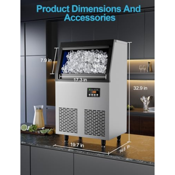 Coolski Commercial Ice Maker Machine, 100 lbs/24H Under Counter Ice Machine with 34lbs Ice Storage, Stainless Steel Freestanding Ice Makers for Home Bar Restaurant Outdoor, 45 Ice Cubes