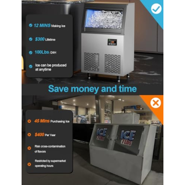 Coolski Commercial Ice Maker Machine, 100 lbs/24H Under Counter Ice Machine with 34lbs Ice Storage, Stainless Steel Freestanding Ice Makers for Home Bar Restaurant Outdoor, 45 Ice Cubes