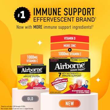 Airborne 1000mg Vitamin C with Vitamin D & Zinc, SUGAR FREE Multivitamin Immune Support Supplement, ...