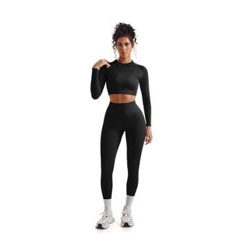 SUUKSESS Women 2 Piece Workout Sets Hidden Scrunch Butt Lifting Seamless Leggings Long Sleeve Yoga C...