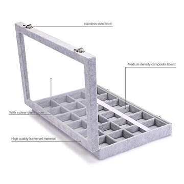 Wudygirl Jewelry Organizer Velvet Jewelry Tray 24 Grid Jewelry Box Earring Holder Organizer Removable Display Case Organizer Glass Top Lid & Lock (24 Grid)