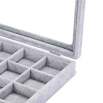 Wudygirl Jewelry Organizer Velvet Jewelry Tray 24 Grid Jewelry Box Earring Holder Organizer Removable Display Case Organizer Glass Top Lid & Lock (24 Grid)