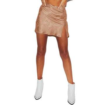 LYANER Women's Elegant Satin Silk Side Split Slit Zipper High Waist Mini Short Skirt Khaki Small