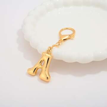 WOWORAMA Chunky Initial Letter Keychain for Women Gold Bubble Letter A Bag Charm Purse Charms for Ha...
