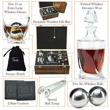 Whiskey Decanter Gift Set for Men – Twisted Bourbon Decanter, 2 Glasses, 2 XL Stainless Steel Whis...