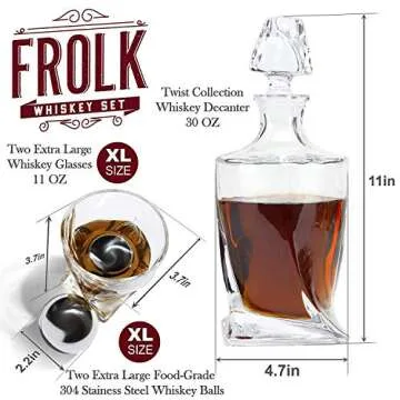 Whiskey Decanter Gift Set for Men – Twisted Bourbon Decanter, 2 Glasses, 2 XL Stainless Steel Whisky Stones - Balls, 2 Slate Coasters, Special Tongs & Freezer Pouch in Pinewood Gift Box