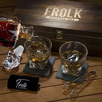 Whiskey Decanter Gift Set for Men – Twisted Bourbon Decanter, 2 Glasses, 2 XL Stainless Steel Whisky Stones - Balls, 2 Slate Coasters, Special Tongs & Freezer Pouch in Pinewood Gift Box