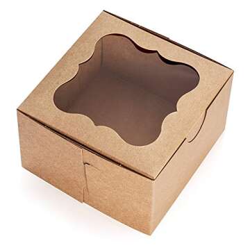 25 Pack Brown Bakery Box with Window 4x4x2.5 inch - Eco-Friendly Paper Board Cardboard Gift Packaging Boxes for Pastries, Cookies, Small Cakes, Pie, Cupcakes, and More - by Golden Coast Unlimited