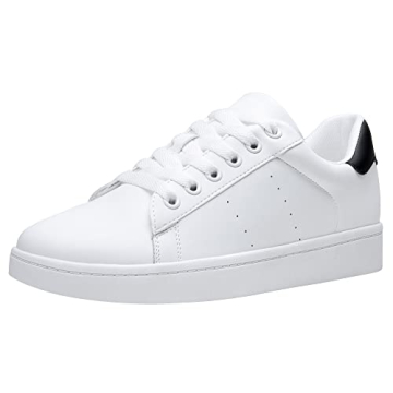 Vepose Women's Fashion Casual Sneakers, Laces Trendy Sneakers Low Platform with PU Leather, Black an...