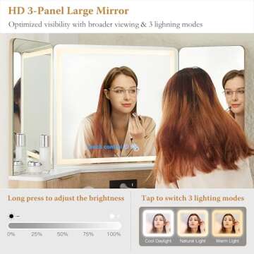 T4TREAM 48'' Fluted Makeup Vanity Desk with HD Triple Mirror and Lights, Large Lighted Corner Vanity with Glass Top, Modern Dressing Table with 3 Drawers & 2 Cabinets for Bedroom, Natural Oak