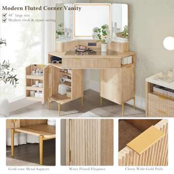 T4TREAM 48'' Fluted Makeup Vanity Desk with HD Triple Mirror and Lights, Large Lighted Corner Vanity with Glass Top, Modern Dressing Table with 3 Drawers & 2 Cabinets for Bedroom, Natural Oak